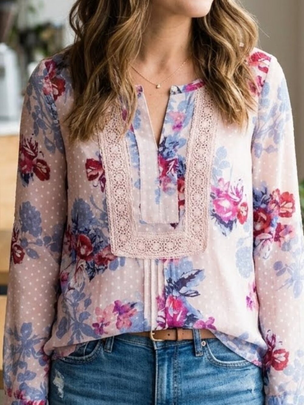 DR2 Women's Pink Floral Swiss Dot Crochet Lace Boho Long Sleeves Blouse
